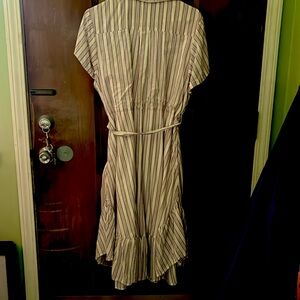 Brown and white stripe short dress with ruffle